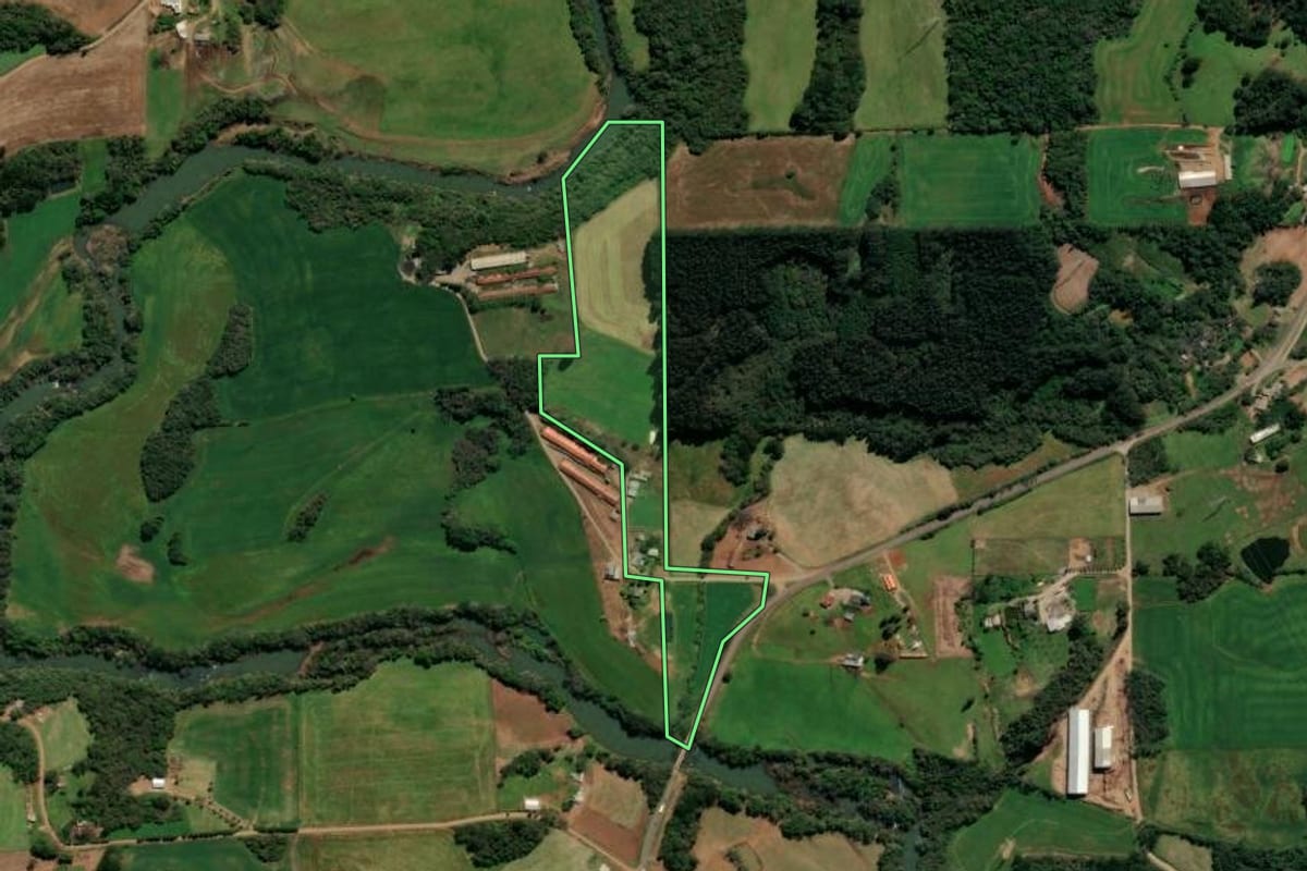 Imagem de satélite do imóvel rural em São Domingos do Sul (RS), com o contorno declarado no CAR desenhado por cima.