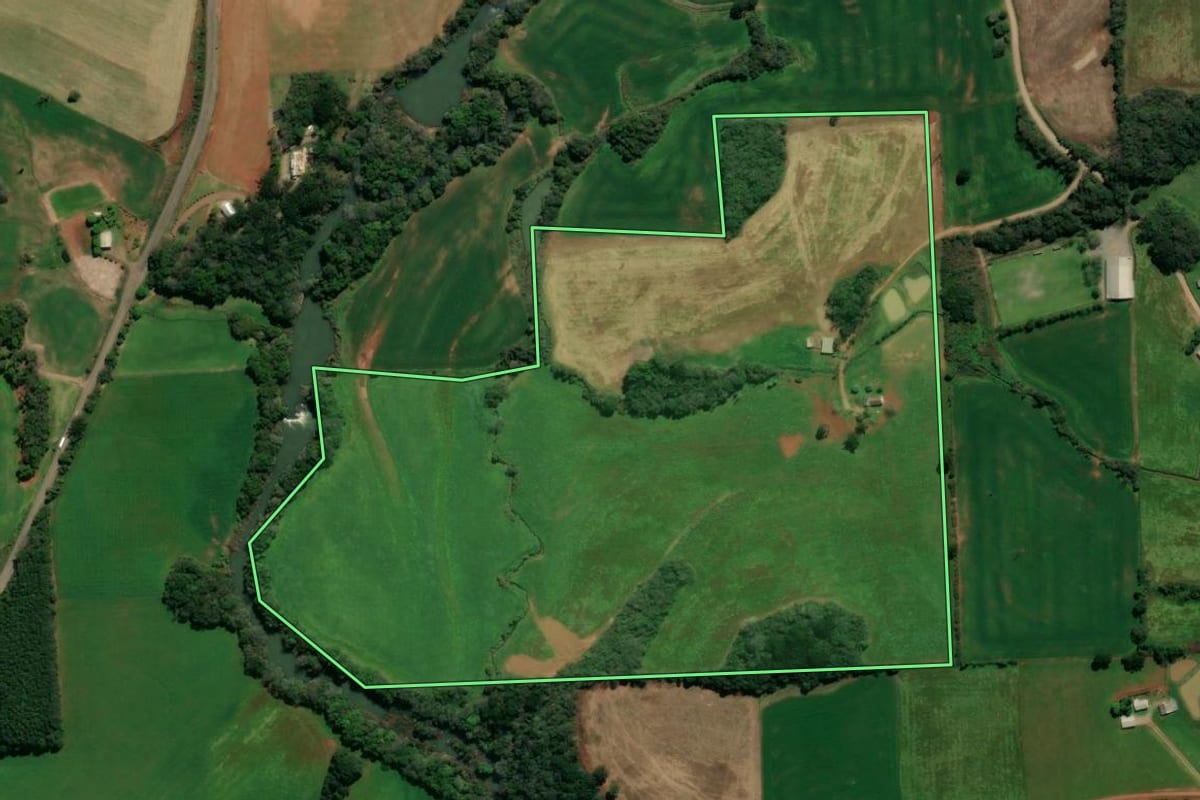 Imagem de satélite do imóvel rural em São Domingos do Sul (RS), com o contorno declarado no CAR desenhado por cima.