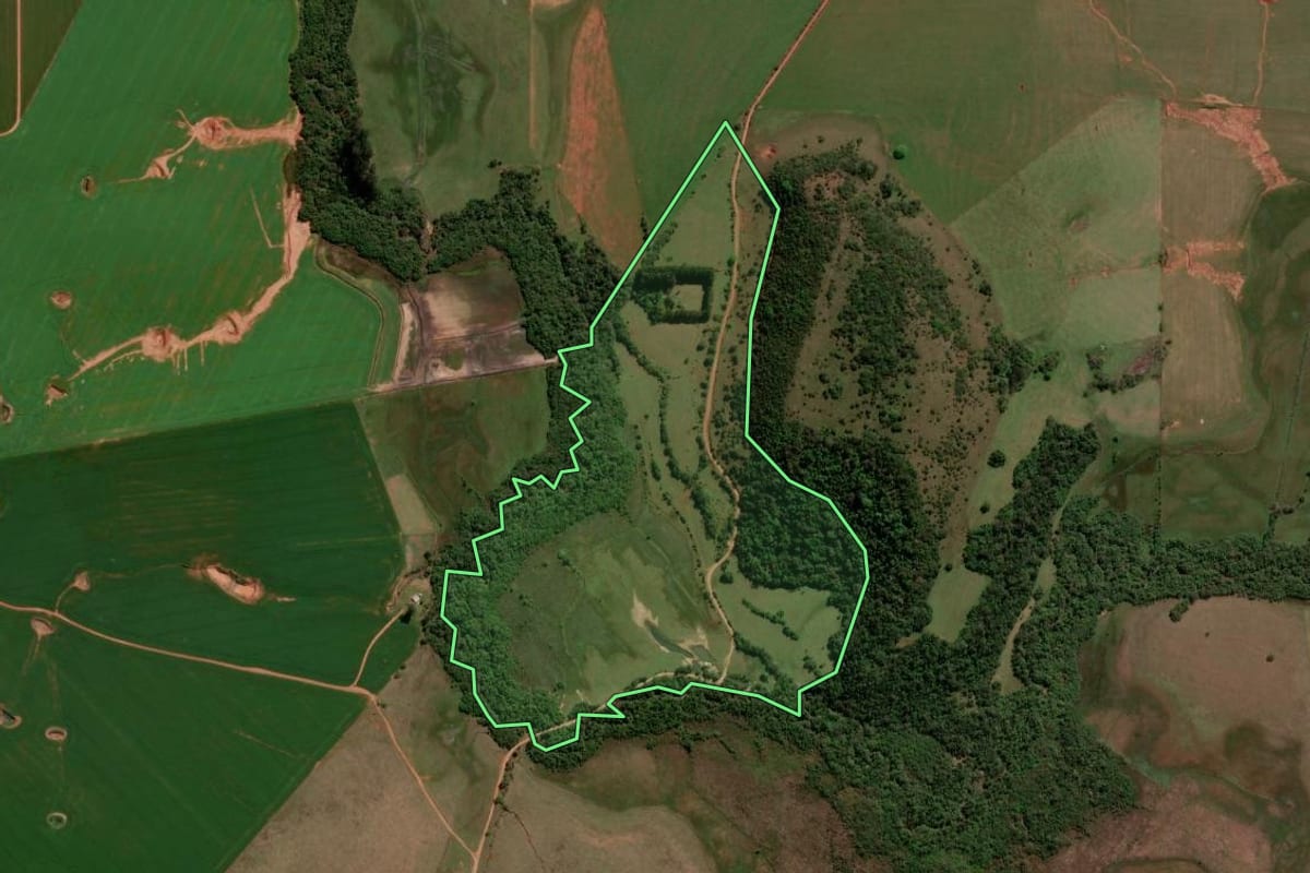 Imagem de satélite do imóvel rural em São Francisco de Assis (RS), com o contorno declarado no CAR desenhado por cima.