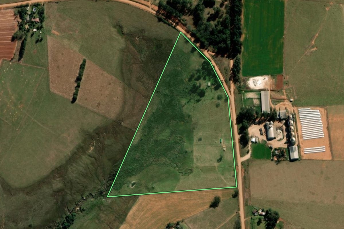 Imagem de satélite do imóvel rural em São Francisco de Assis (RS), com o contorno declarado no CAR desenhado por cima.