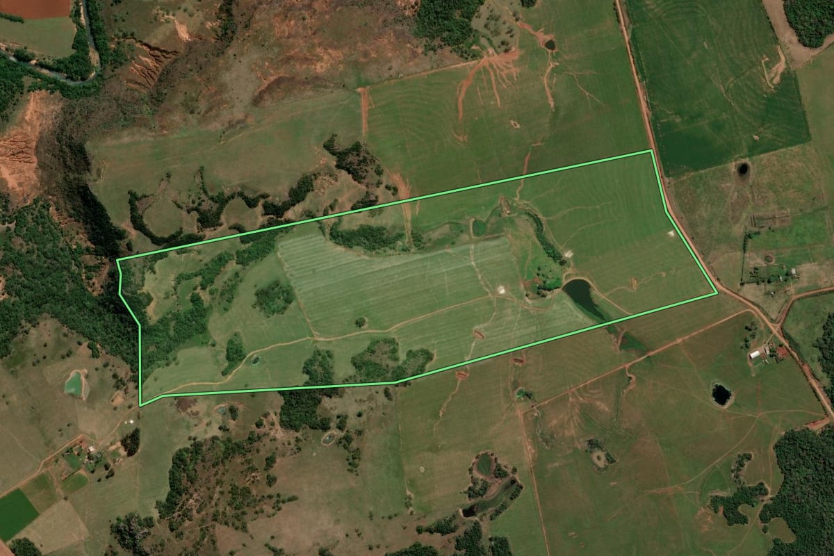Imagem de satélite do imóvel rural em São Francisco de Assis (RS), com o contorno declarado no CAR desenhado por cima.