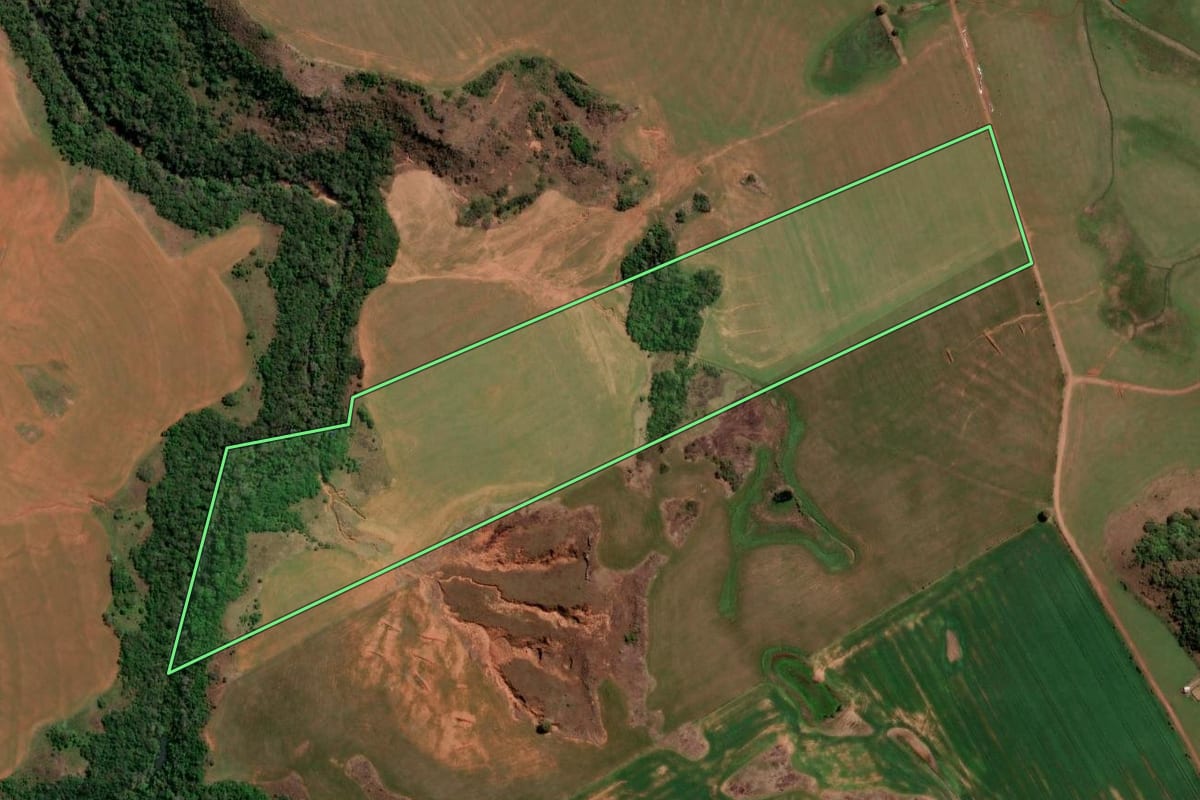 Imagem de satélite do imóvel rural em São Francisco de Assis (RS), com o contorno declarado no CAR desenhado por cima.