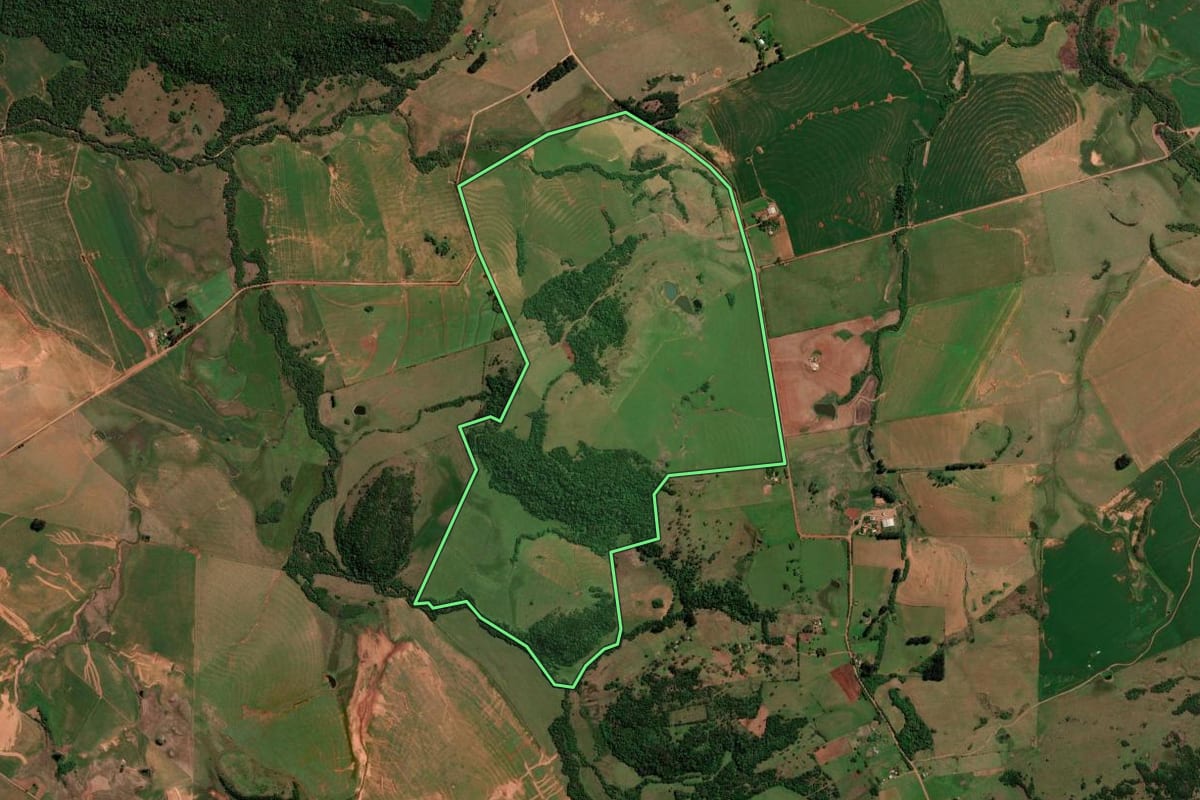 Imagem de satélite do imóvel rural em São Francisco de Assis (RS), com o contorno declarado no CAR desenhado por cima.