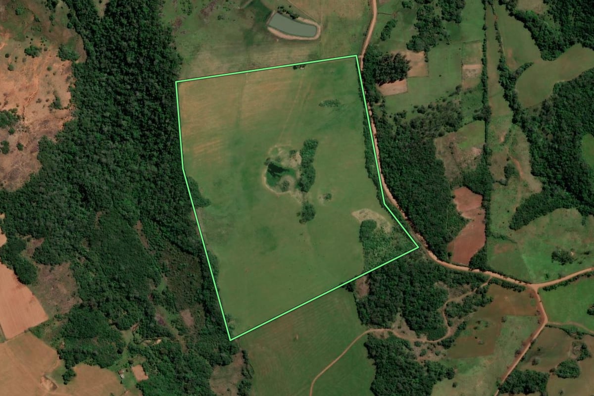 Imagem de satélite do imóvel rural em São Francisco de Assis (RS), com o contorno declarado no CAR desenhado por cima.
