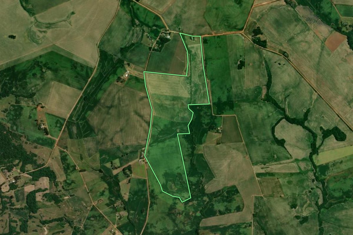 Imagem de satélite do imóvel rural em São Francisco de Assis (RS), com o contorno declarado no CAR desenhado por cima.