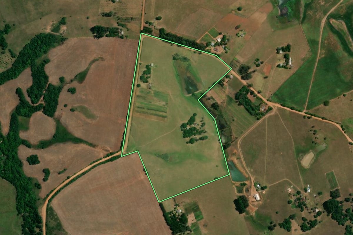 Imagem de satélite do imóvel rural em São Francisco de Assis (RS), com o contorno declarado no CAR desenhado por cima.