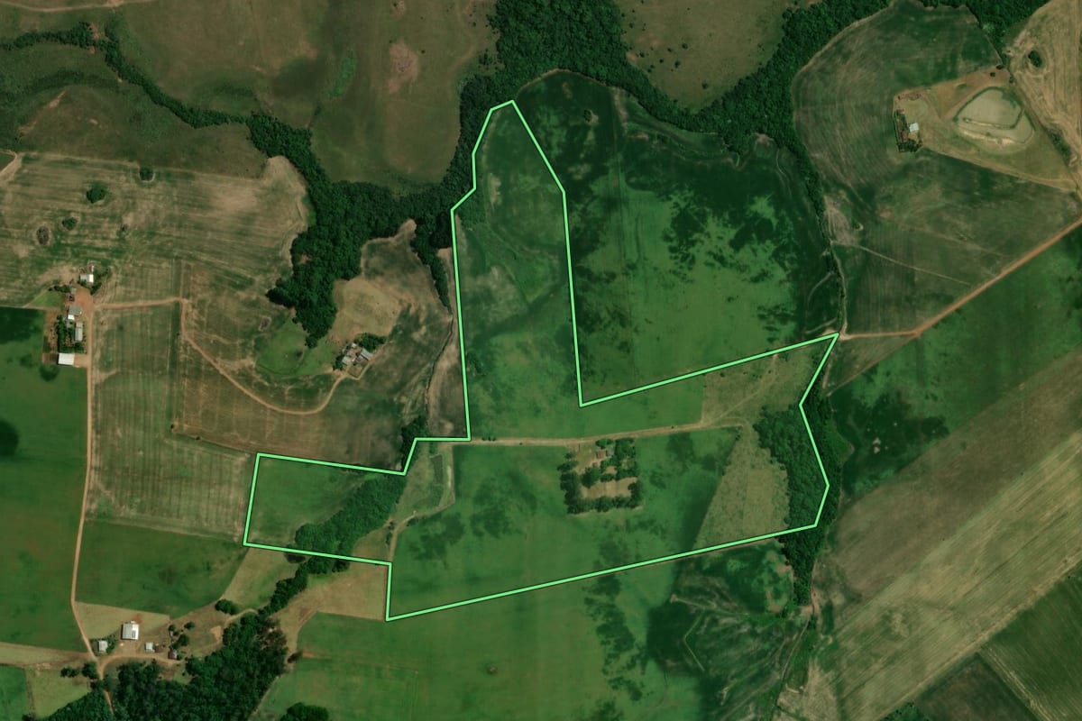 Imagem de satélite do imóvel rural em São Francisco de Assis (RS), com o contorno declarado no CAR desenhado por cima.