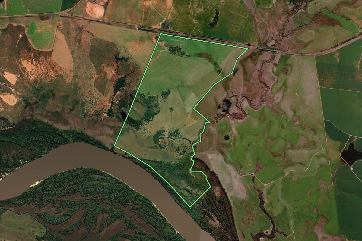 Imagem de satélite do imóvel rural em São Francisco de Assis (RS), com o contorno declarado no CAR desenhado por cima.