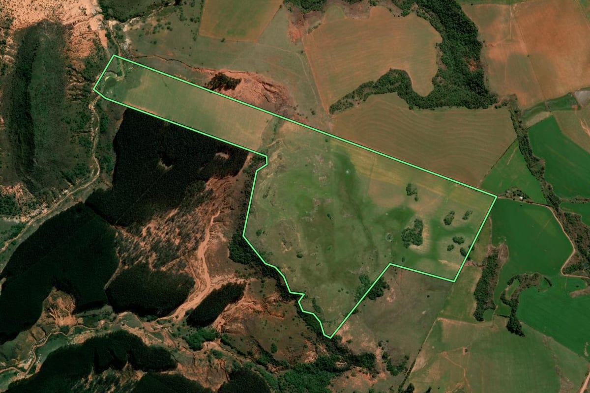 Imagem de satélite do imóvel rural em São Francisco de Assis (RS), com o contorno declarado no CAR desenhado por cima.