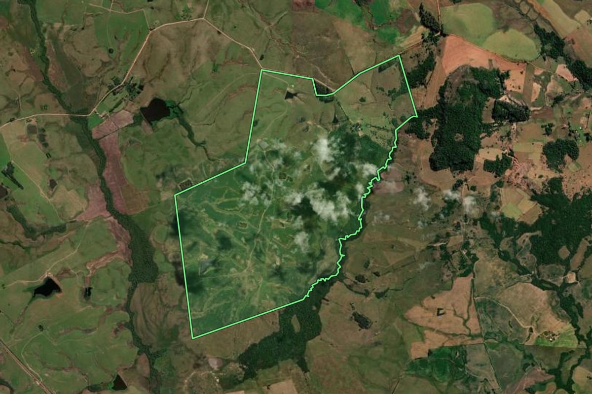 Imagem de satélite do imóvel rural em São Francisco de Assis (RS), com o contorno declarado no CAR desenhado por cima.