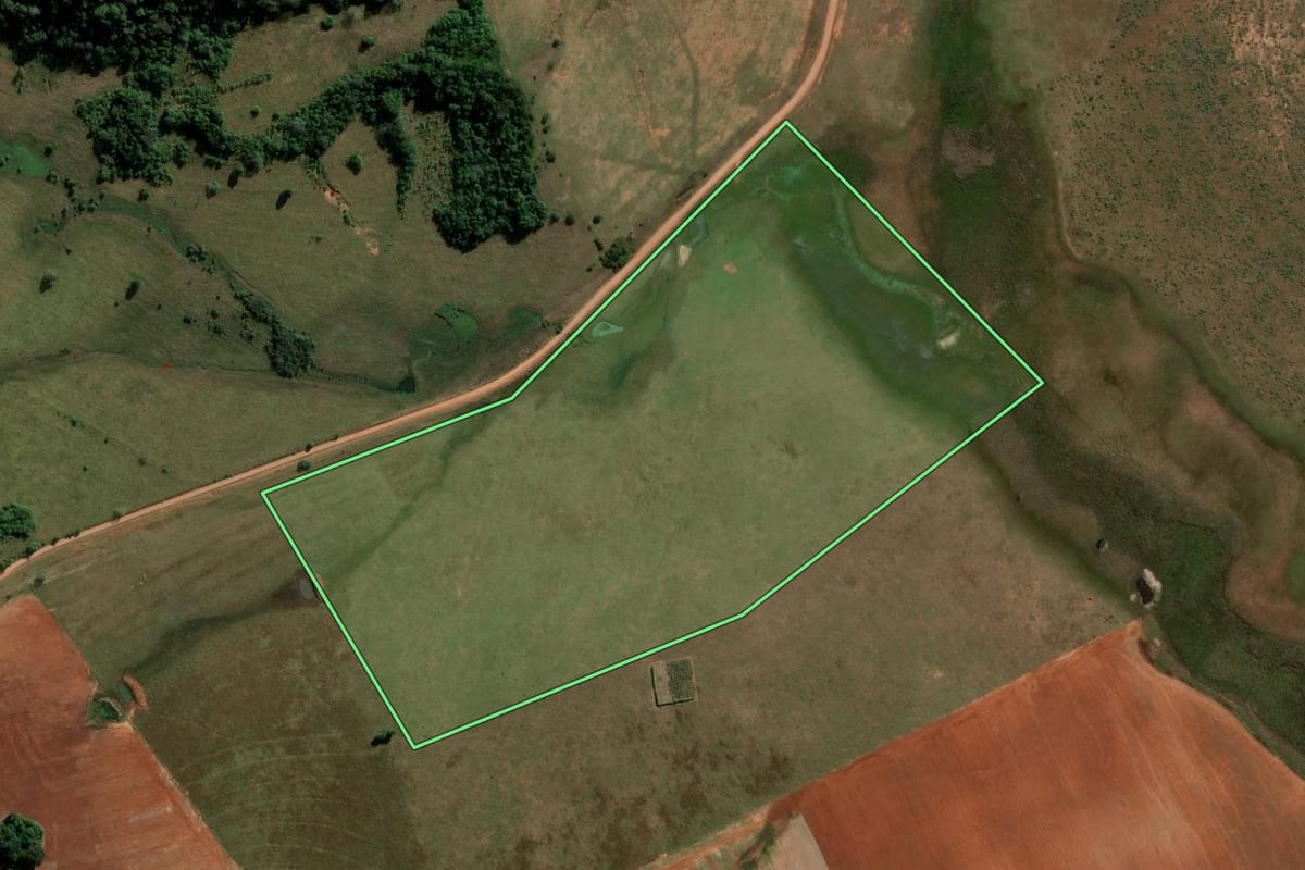 Imagem de satélite do imóvel rural em São Francisco de Assis (RS), com o contorno declarado no CAR desenhado por cima.