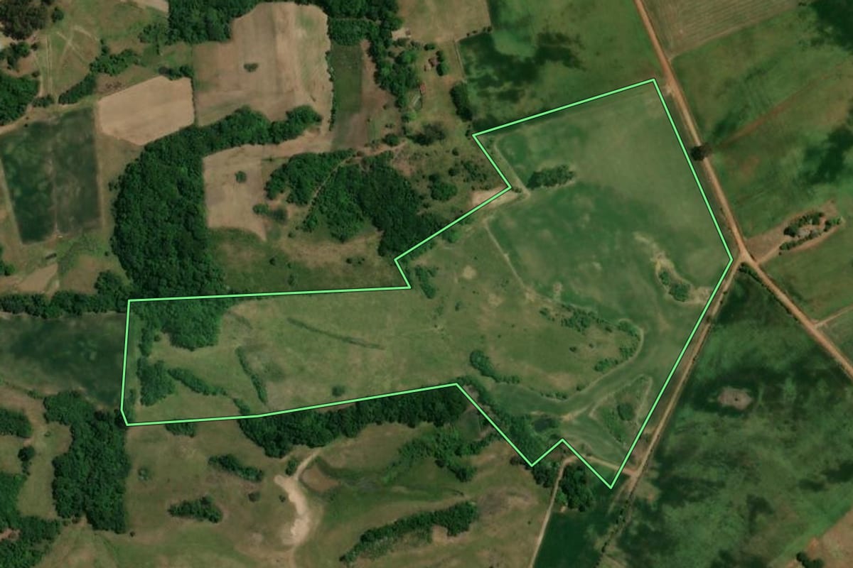 Imagem de satélite do imóvel rural em São Francisco de Assis (RS), com o contorno declarado no CAR desenhado por cima.