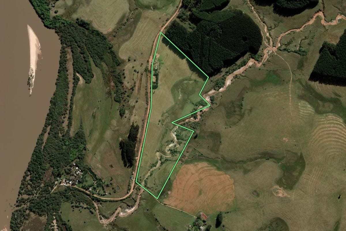 Imagem de satélite do imóvel rural em São Francisco de Assis (RS), com o contorno declarado no CAR desenhado por cima.