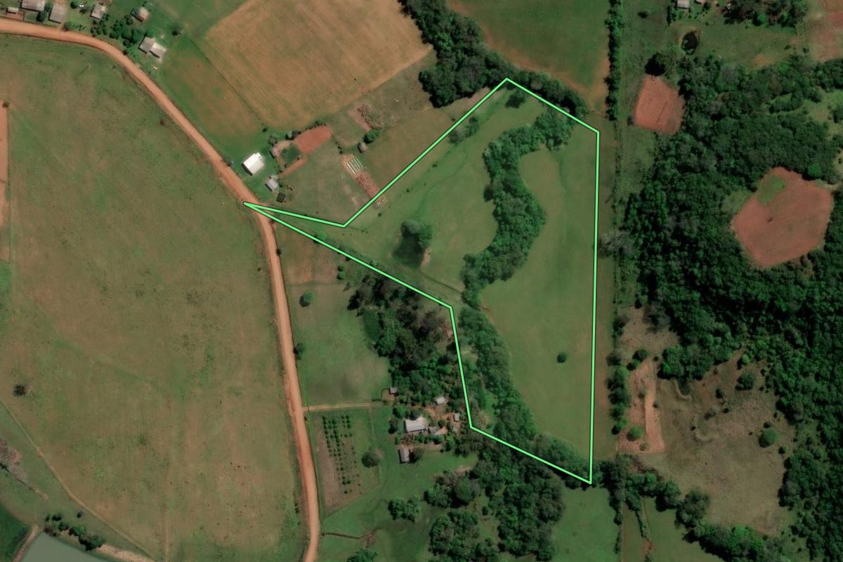 Imagem de satélite do imóvel rural em São Francisco de Assis (RS), com o contorno declarado no CAR desenhado por cima.