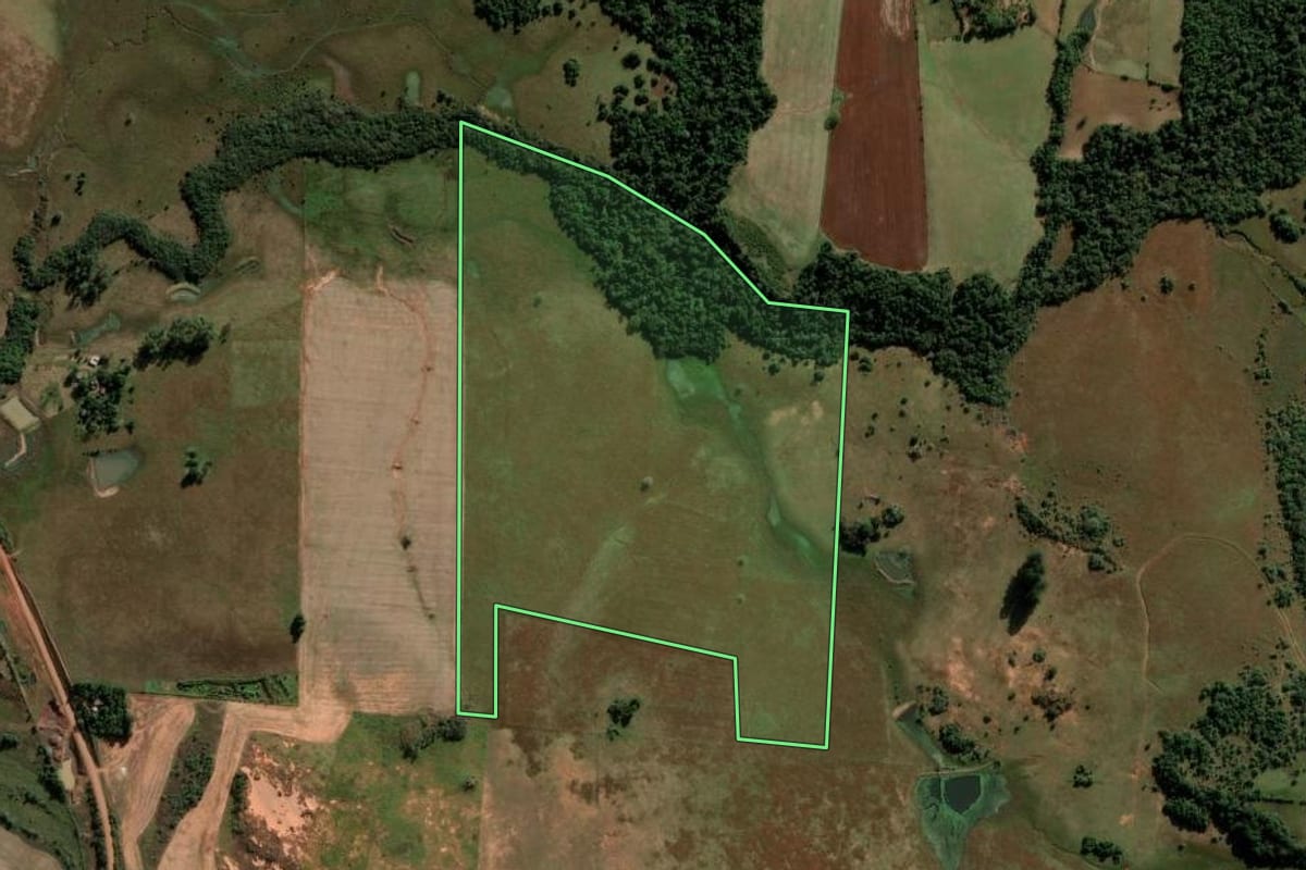 Imagem de satélite do imóvel rural em São Francisco de Assis (RS), com o contorno declarado no CAR desenhado por cima.