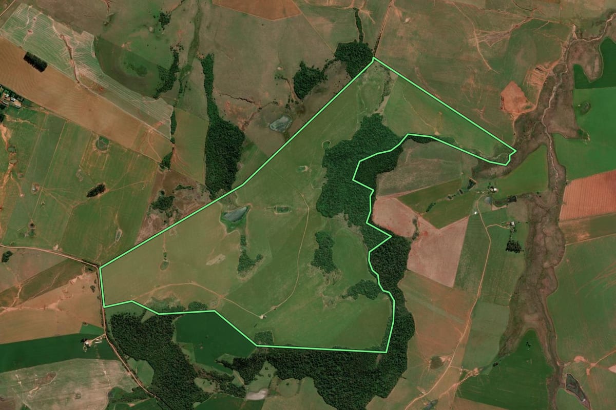 Imagem de satélite do imóvel rural em São Francisco de Assis (RS), com o contorno declarado no CAR desenhado por cima.