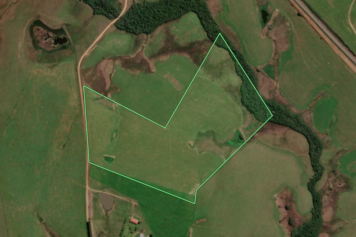 Imagem de satélite do imóvel rural em São Francisco de Assis (RS), com o contorno declarado no CAR desenhado por cima.
