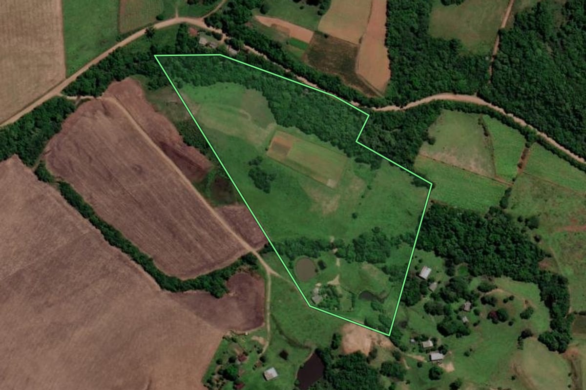 Imagem de satélite do imóvel rural em São Francisco de Assis (RS), com o contorno declarado no CAR desenhado por cima.