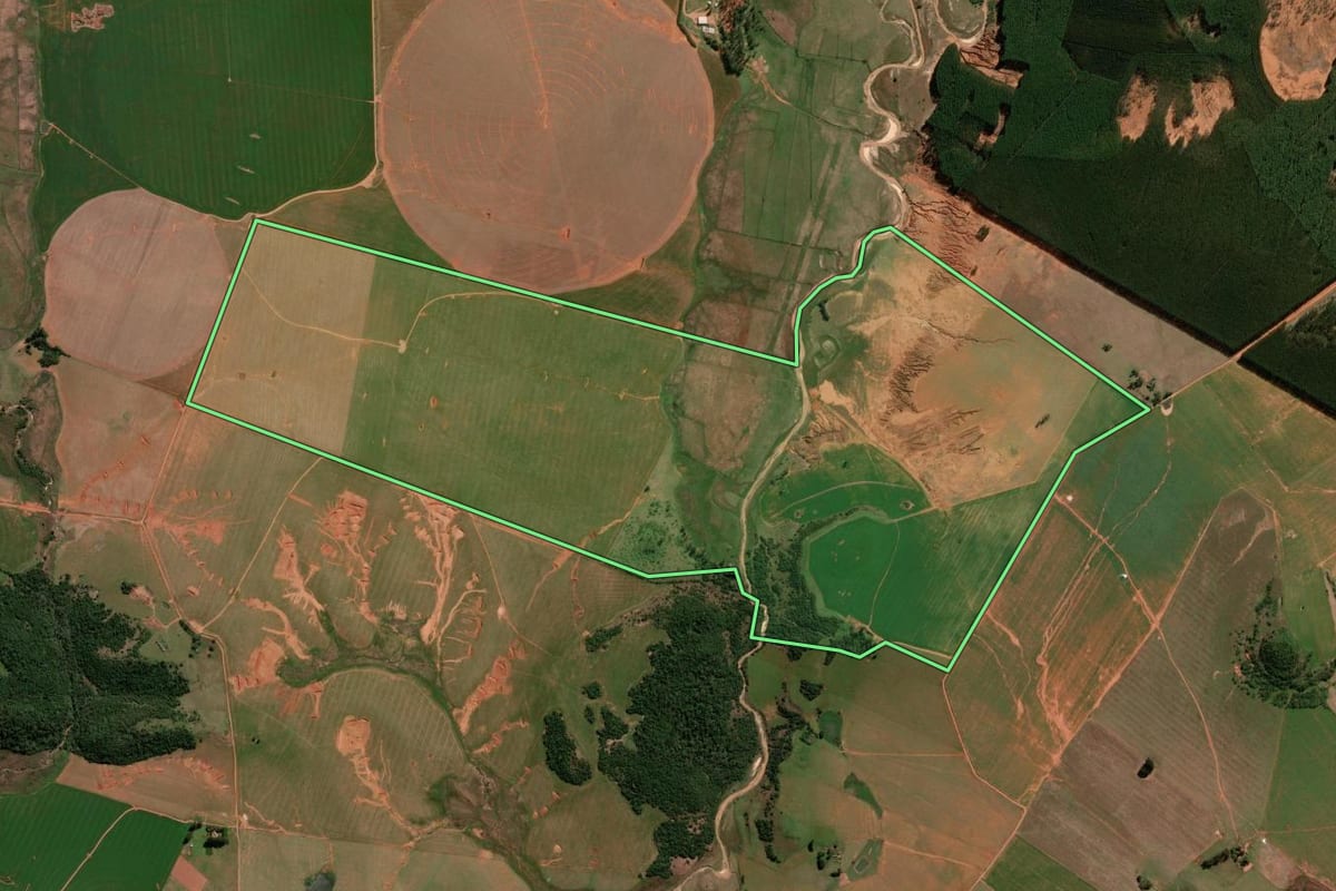 Imagem de satélite do imóvel rural em São Francisco de Assis (RS), com o contorno declarado no CAR desenhado por cima.