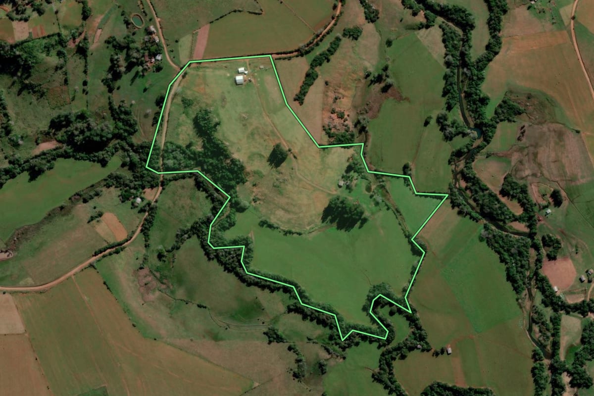 Imagem de satélite do imóvel rural em São Francisco de Assis (RS), com o contorno declarado no CAR desenhado por cima.