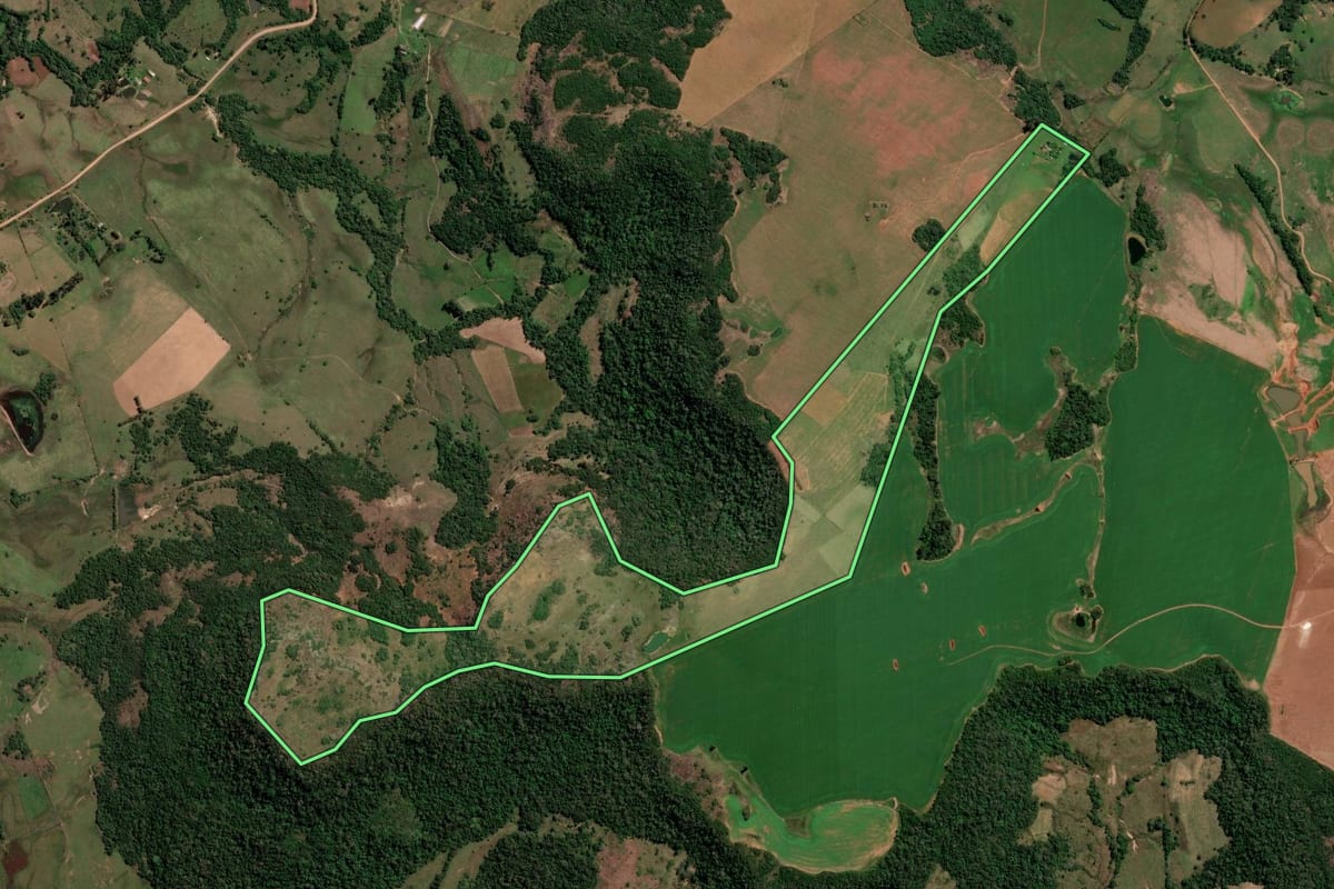 Imagem de satélite do imóvel rural em São Francisco de Assis (RS), com o contorno declarado no CAR desenhado por cima.