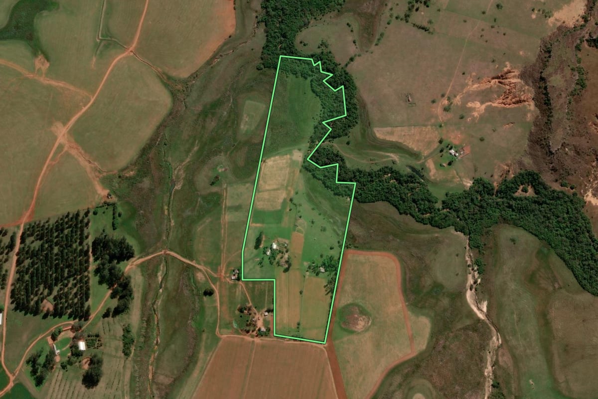 Imagem de satélite do imóvel rural em São Francisco de Assis (RS), com o contorno declarado no CAR desenhado por cima.