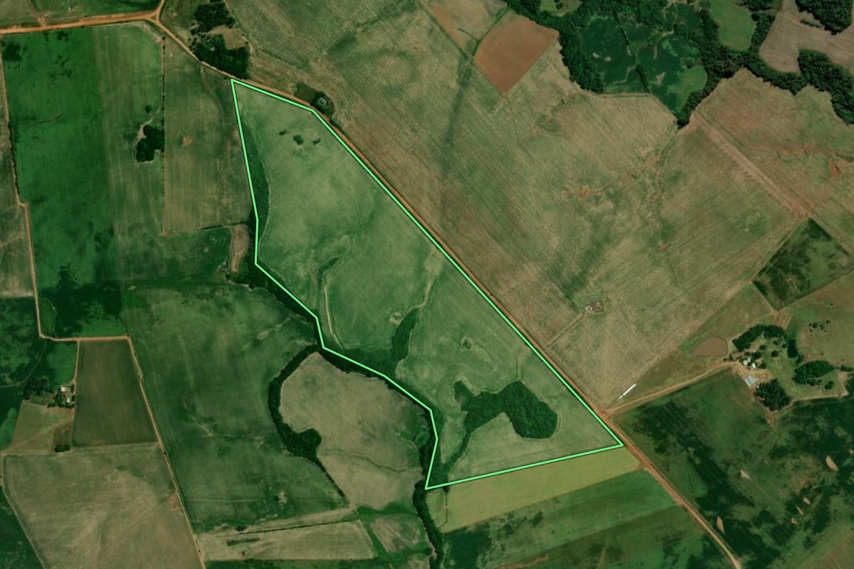 Imagem de satélite do imóvel rural em São Francisco de Assis (RS), com o contorno declarado no CAR desenhado por cima.