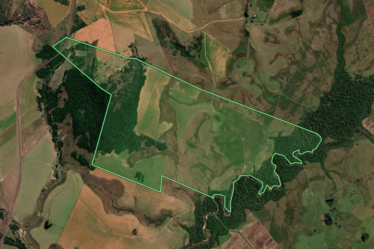 Imagem de satélite do imóvel rural em São Francisco de Assis (RS), com o contorno declarado no CAR desenhado por cima.