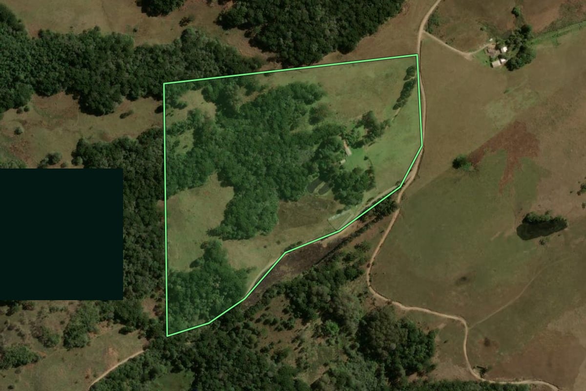 Imagem de satélite do imóvel rural em São Francisco de Paula (RS), com o contorno declarado no CAR desenhado por cima.