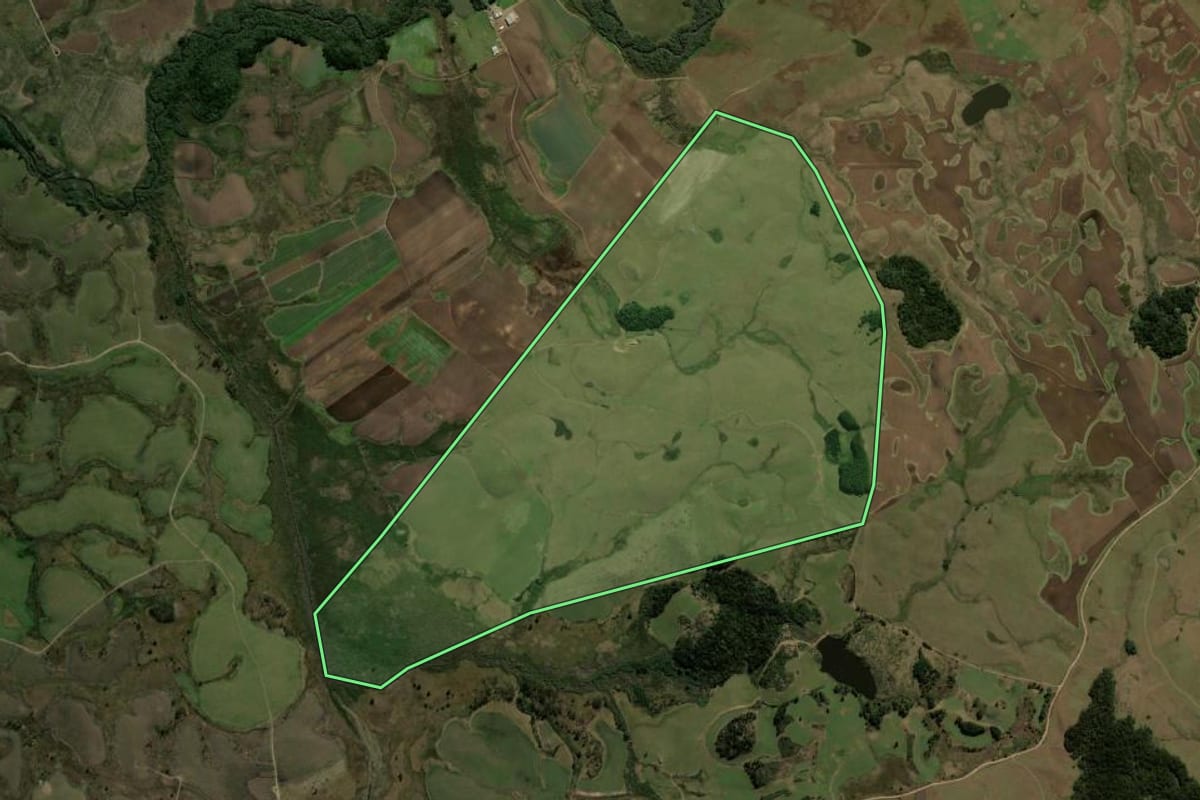 Imagem de satélite do imóvel rural em São Francisco de Paula (RS), com o contorno declarado no CAR desenhado por cima.