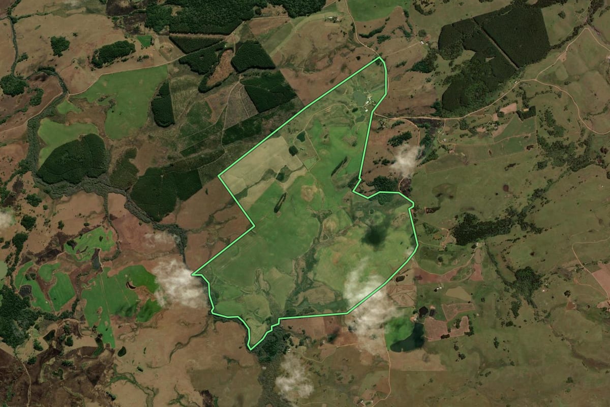 Imagem de satélite do imóvel rural em São Francisco de Paula (RS), com o contorno declarado no CAR desenhado por cima.