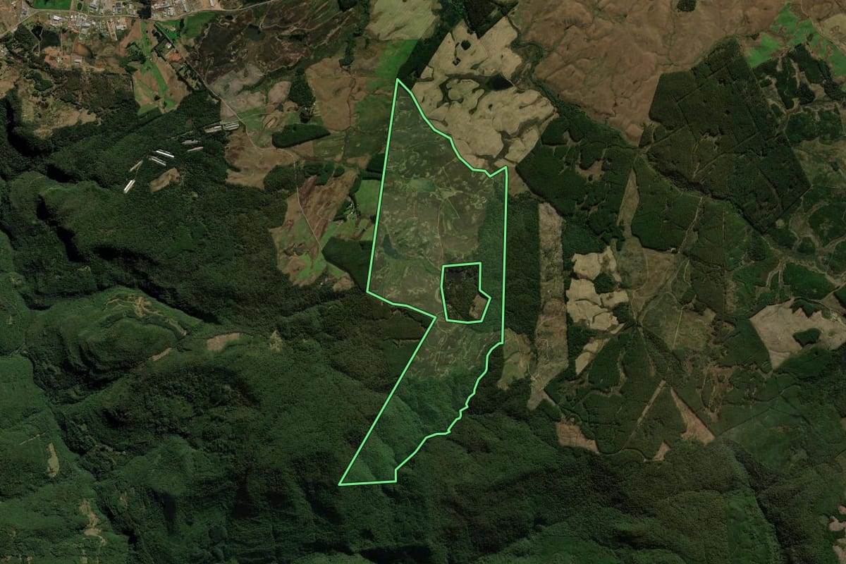 Imagem de satélite do imóvel rural em São Francisco de Paula (RS), com o contorno declarado no CAR desenhado por cima.