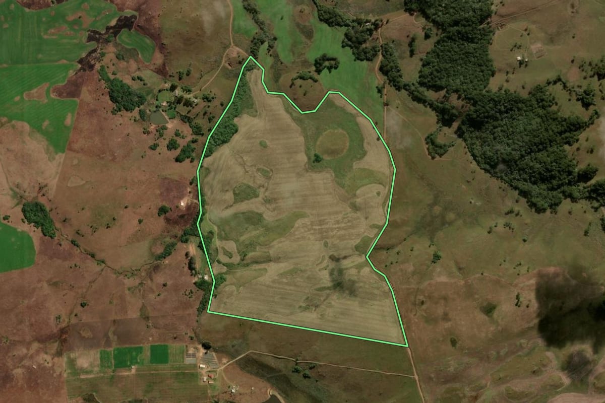 Imagem de satélite do imóvel rural em São Francisco de Paula (RS), com o contorno declarado no CAR desenhado por cima.