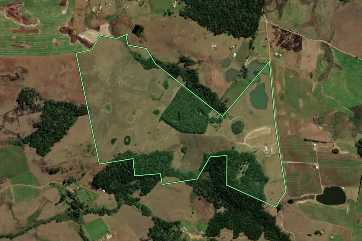 Imagem de satélite do imóvel rural em São Francisco de Paula (RS), com o contorno declarado no CAR desenhado por cima.