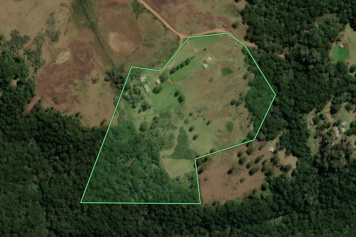 Imagem de satélite do imóvel rural em São Francisco de Paula (RS), com o contorno declarado no CAR desenhado por cima.
