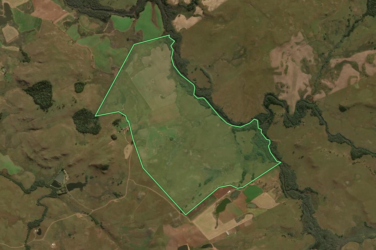 Imagem de satélite do imóvel rural em São Francisco de Paula (RS), com o contorno declarado no CAR desenhado por cima.