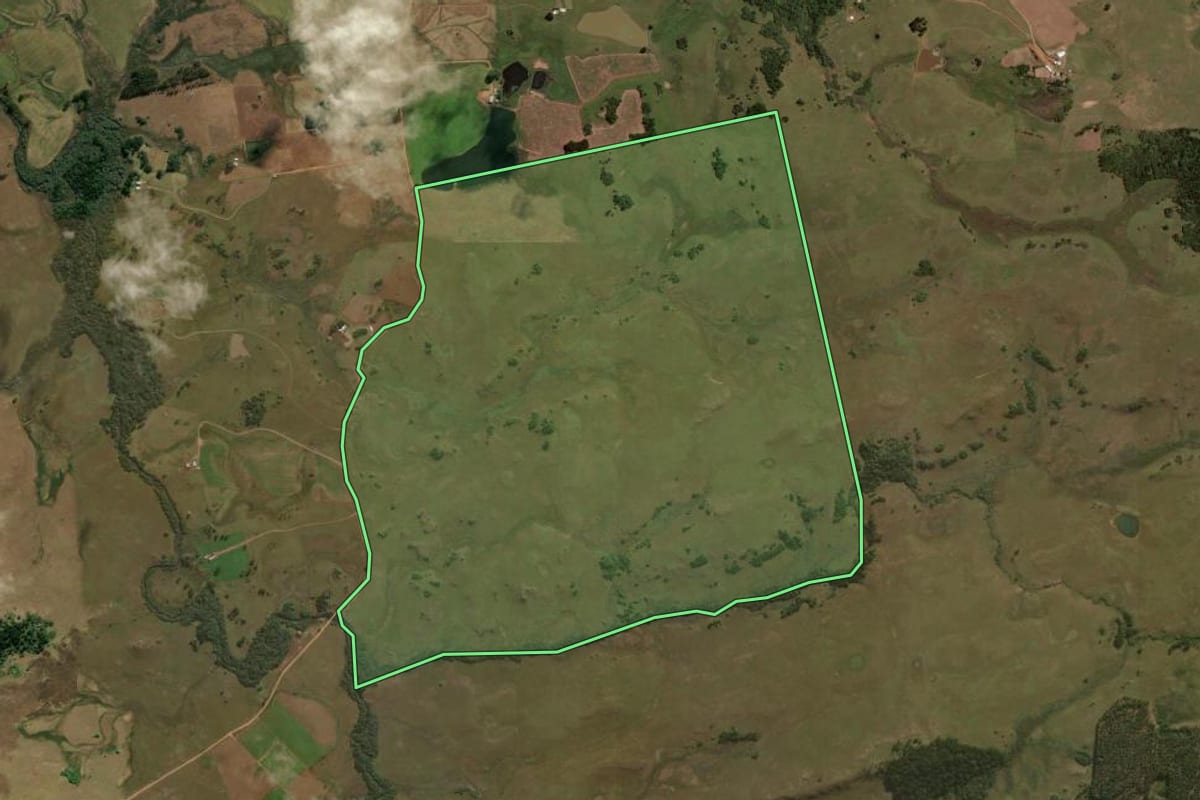 Imagem de satélite do imóvel rural em São Francisco de Paula (RS), com o contorno declarado no CAR desenhado por cima.