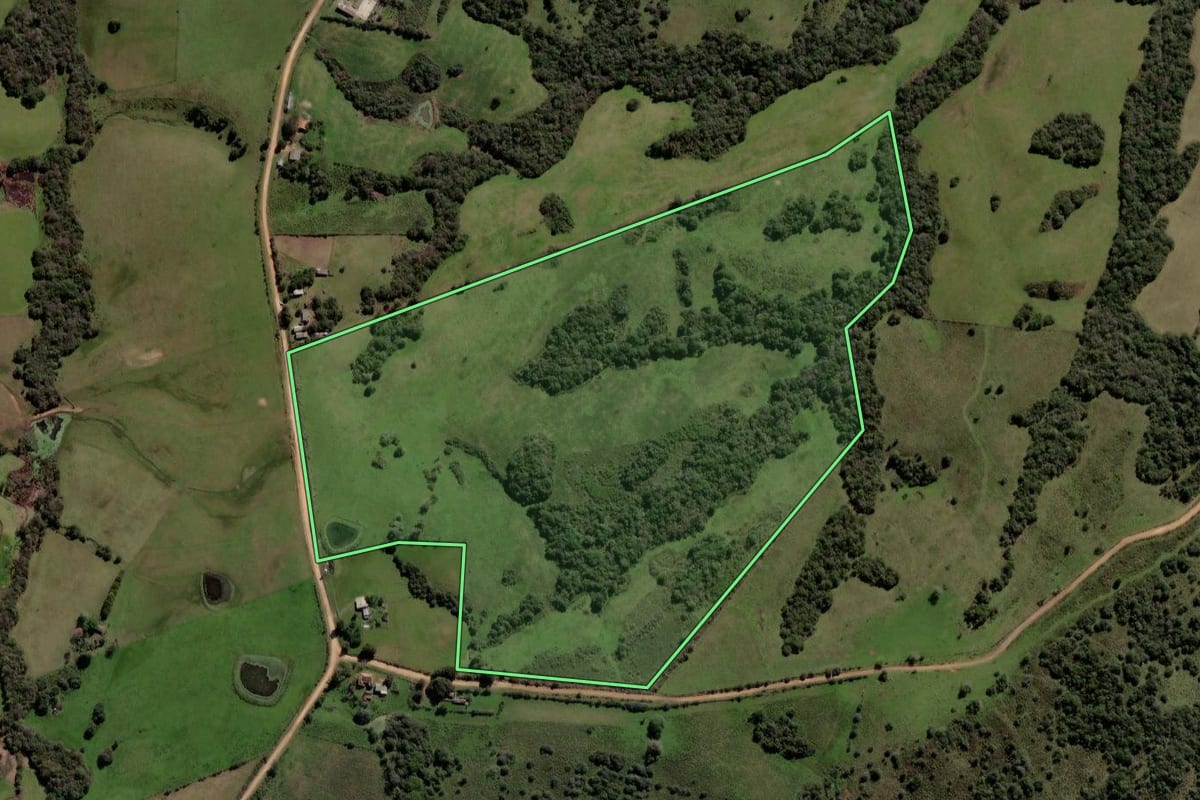 Imagem de satélite do imóvel rural em São Gabriel (RS), com o contorno declarado no CAR desenhado por cima.