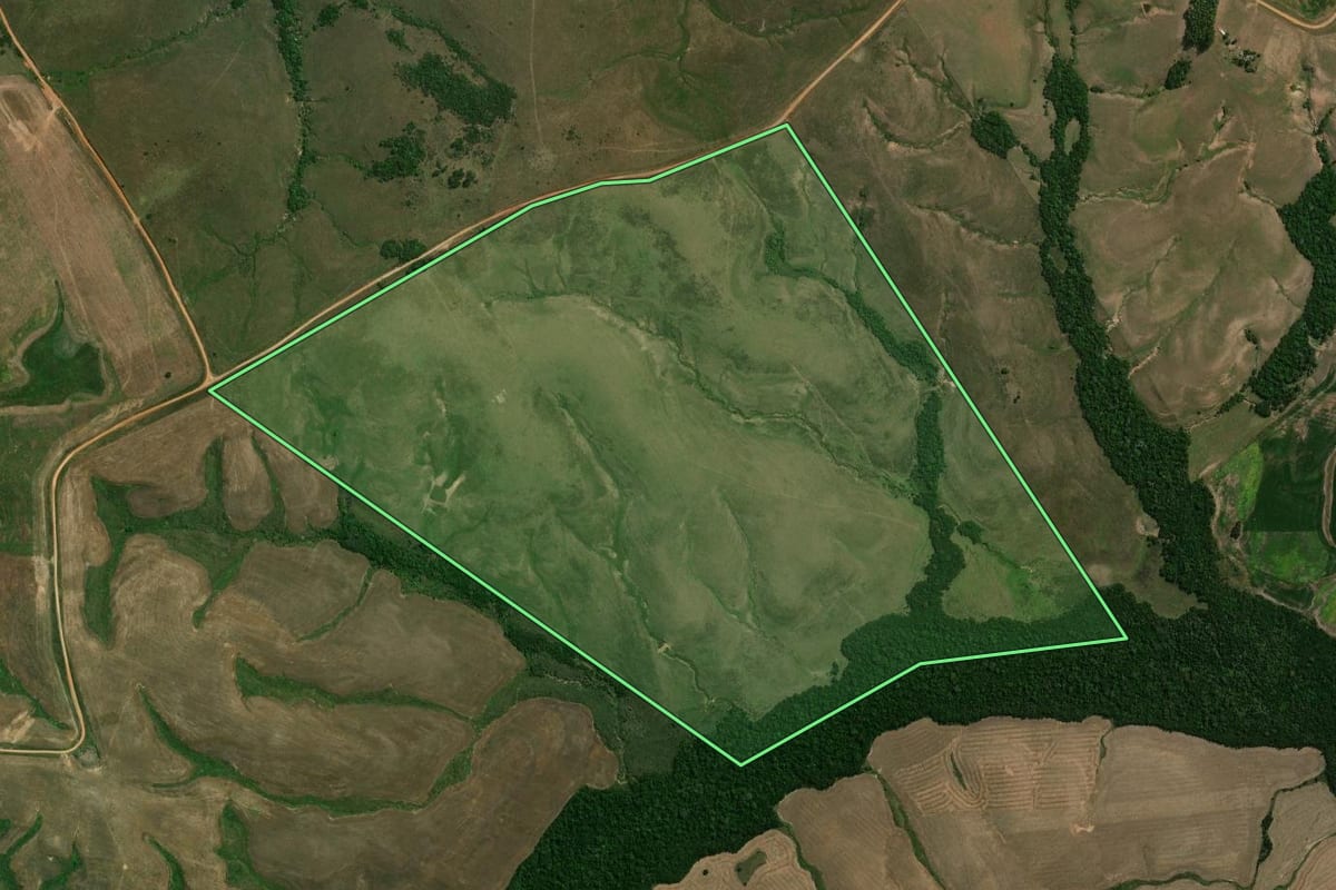 Imagem de satélite do imóvel rural em São Gabriel (RS), com o contorno declarado no CAR desenhado por cima.