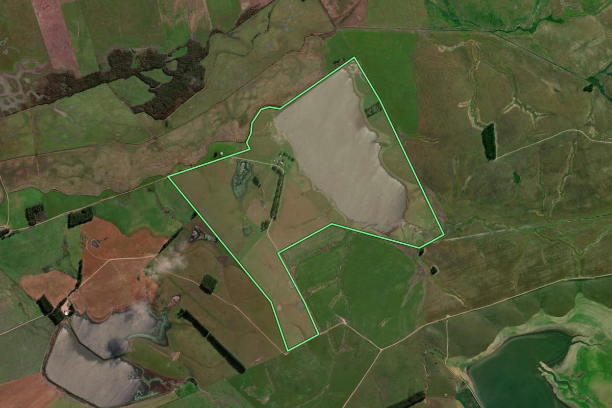 Imagem de satélite do imóvel rural em São Gabriel (RS), com o contorno declarado no CAR desenhado por cima.