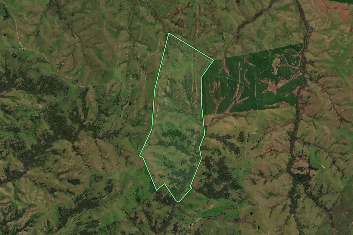 Imagem de satélite do imóvel rural em São Gabriel (RS), com o contorno declarado no CAR desenhado por cima.