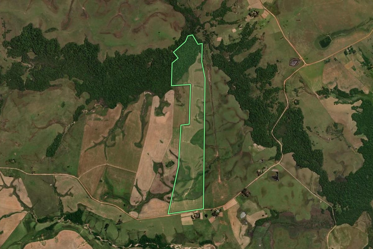 Imagem de satélite do imóvel rural em São Gabriel (RS), com o contorno declarado no CAR desenhado por cima.