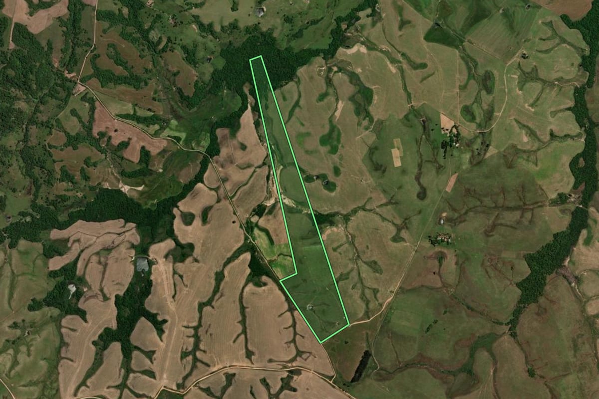 Imagem de satélite do imóvel rural em São Gabriel (RS), com o contorno declarado no CAR desenhado por cima.