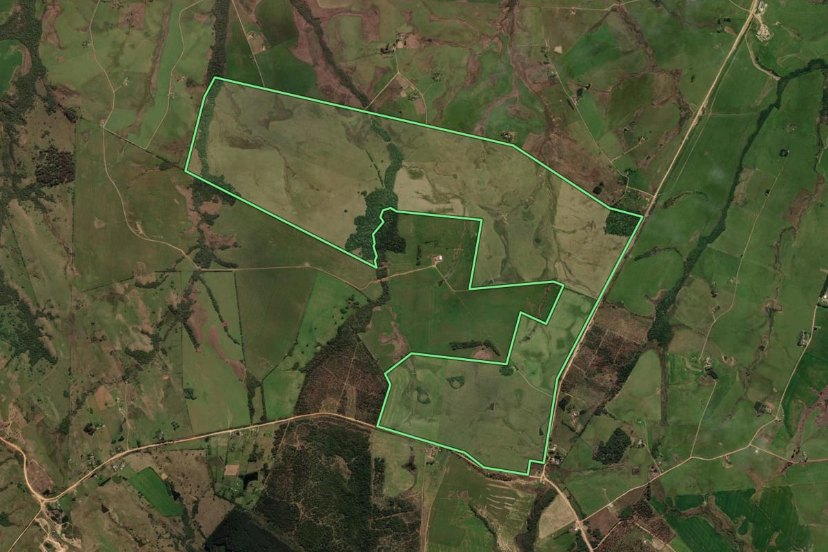 Imagem de satélite do imóvel rural em São Gabriel (RS), com o contorno declarado no CAR desenhado por cima.