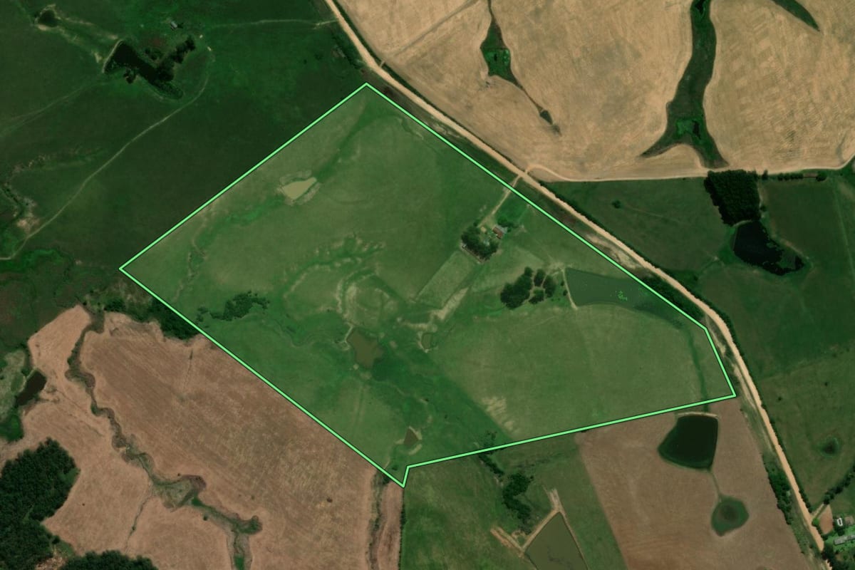 Imagem de satélite do imóvel rural em São Gabriel (RS), com o contorno declarado no CAR desenhado por cima.