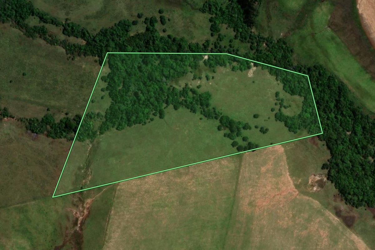 Imagem de satélite do imóvel rural em São Gabriel (RS), com o contorno declarado no CAR desenhado por cima.