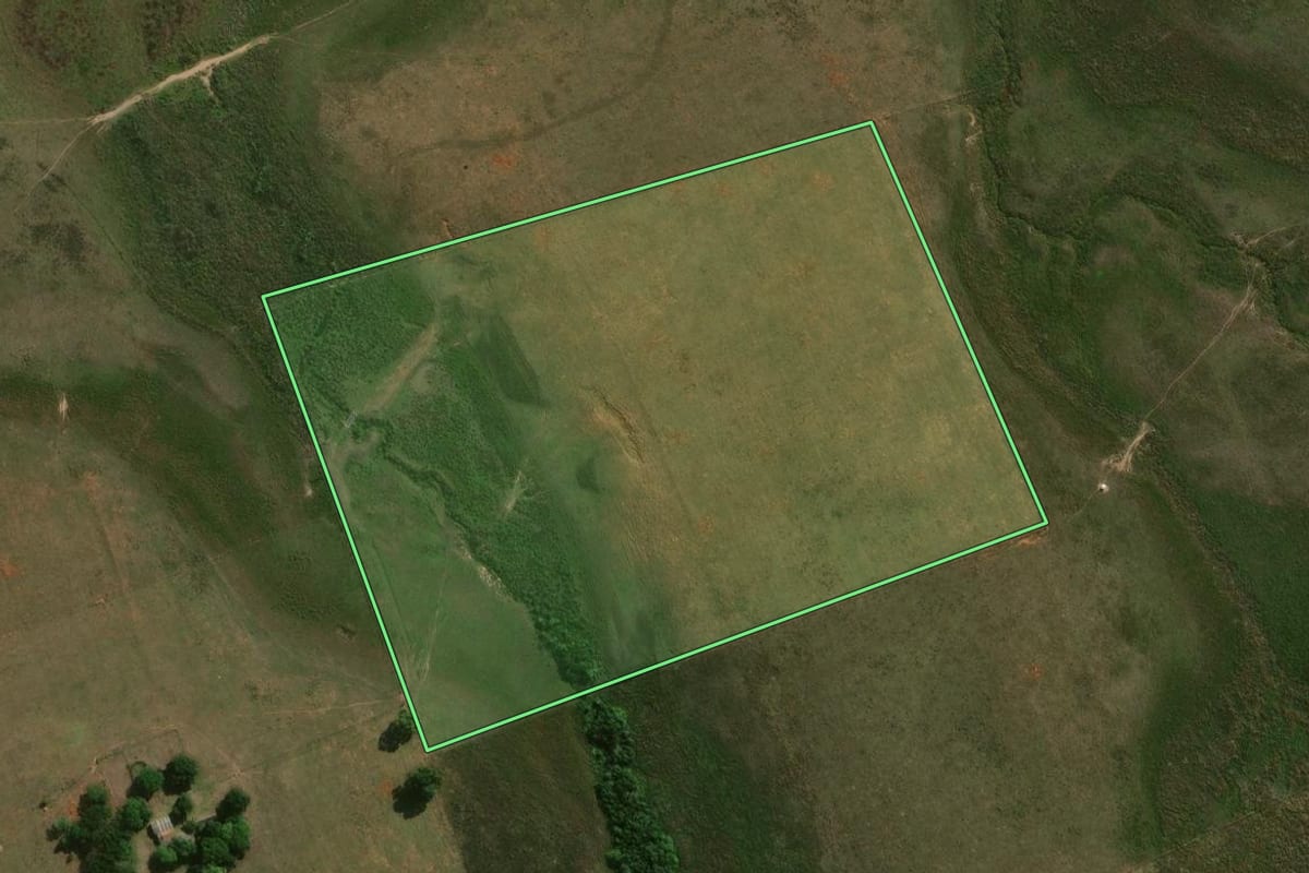 Imagem de satélite do imóvel rural em São Gabriel (RS), com o contorno declarado no CAR desenhado por cima.