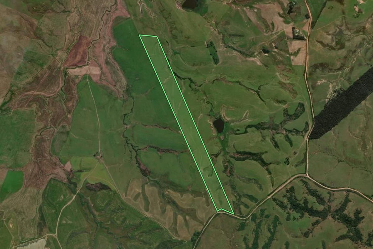 Imagem de satélite do imóvel rural em São Gabriel (RS), com o contorno declarado no CAR desenhado por cima.