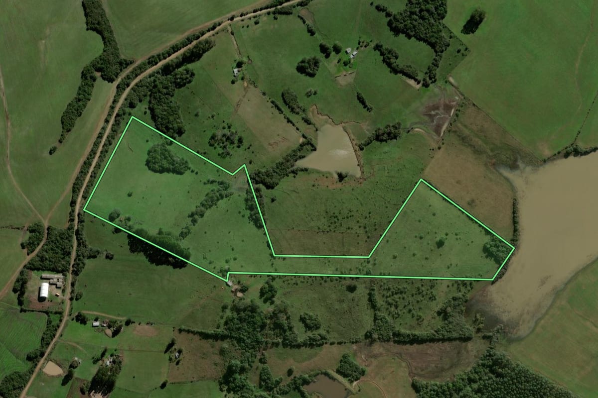 Imagem de satélite do imóvel rural em São Gabriel (RS), com o contorno declarado no CAR desenhado por cima.