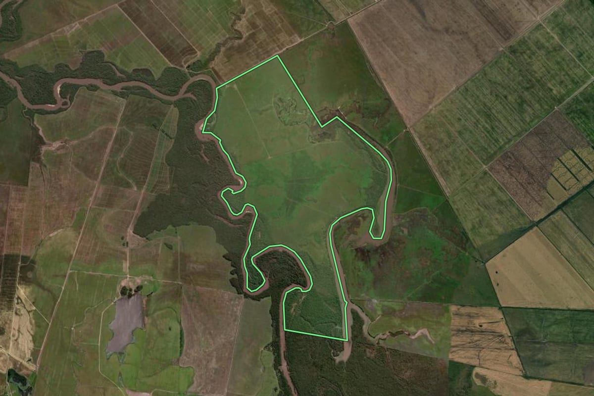 Imagem de satélite do imóvel rural em São Gabriel (RS), com o contorno declarado no CAR desenhado por cima.